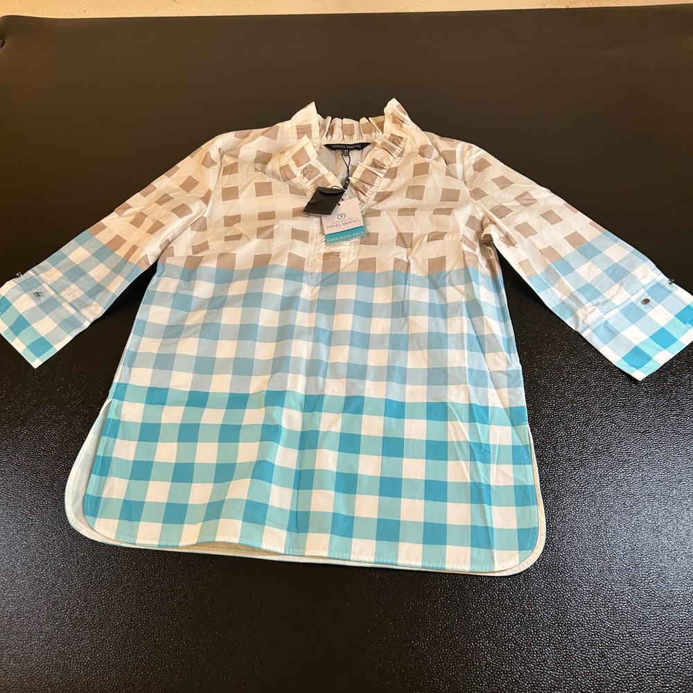 Ming Wang Ruffled Cotton Gingham Blouse Collar 3/4 Sleeve‎ Womens XS NWT $230